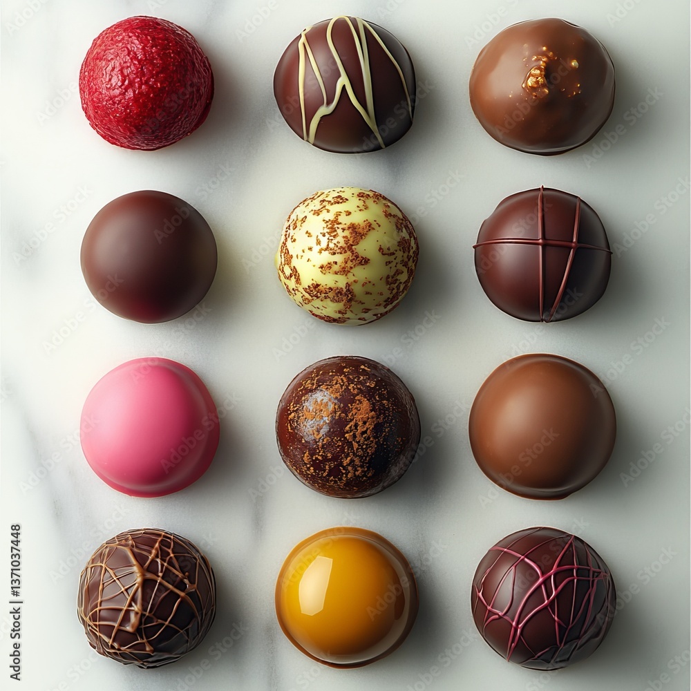 A marble background featuring chocolate truffles and sweets, with a top view of scattered chocolates on a natural white stone A marble background featuring chocolate truffles and sweets, with a top view of scattered chocolates on a natural white stone