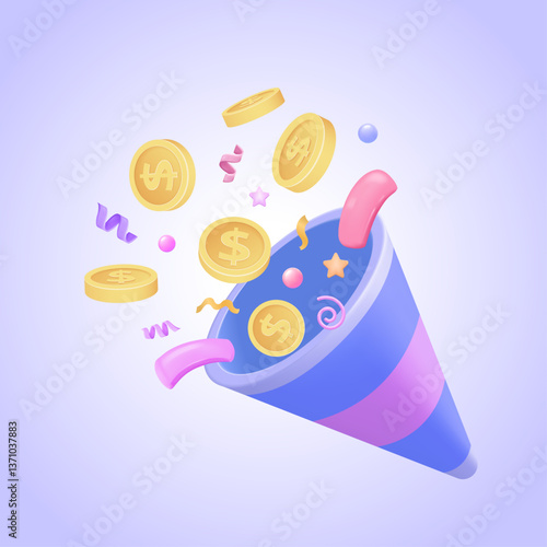Party popper with flying confetti and coins. Firecracker explosion with ribbons. Celebration, surprise, prize, and lottery reward. Colorful confetti bang. 3d vector illustration.