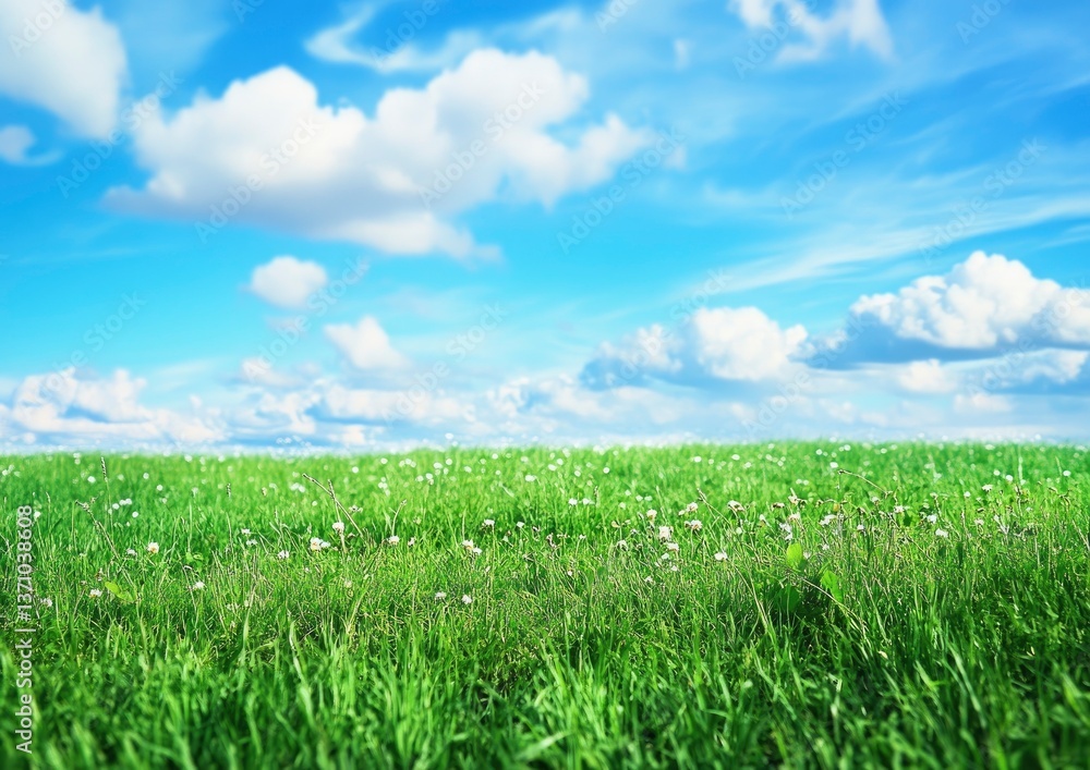 Green Grass Field with White Flowers and Blue Sky with Clouds Green Grass Field with White Flowers and Blue Sky with Clouds