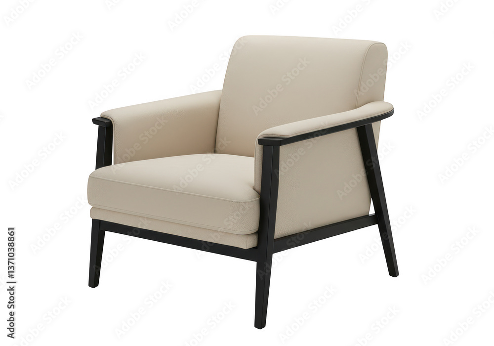 A modern armchair with a black frame and beige cushioning isolated on transparent background A modern armchair with a black frame and beige cushioning isolated on transparent background