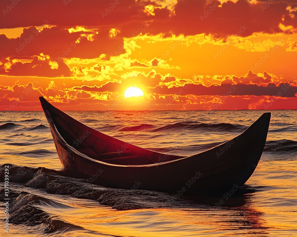 Fototapeta premium Stunning Sunset Ocean Scene with Wooden Boat