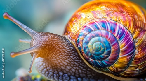 Colorful snail shell contrasts with brown body.