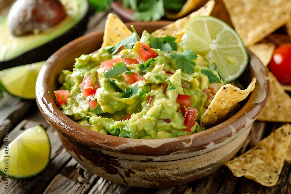 A bowl of fresh guacamole with a side of tortilla chips, garnished with lime wedges and cilantro A bowl of fresh guacamole with a side of tortilla chips, garnished with lime wedges and cilantro