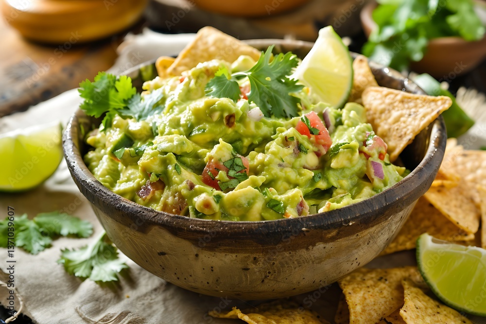A bowl of fresh guacamole with a side of tortilla chips, garnished with lime wedges and cilantro A bowl of fresh guacamole with a side of tortilla chips, garnished with lime wedges and cilantro