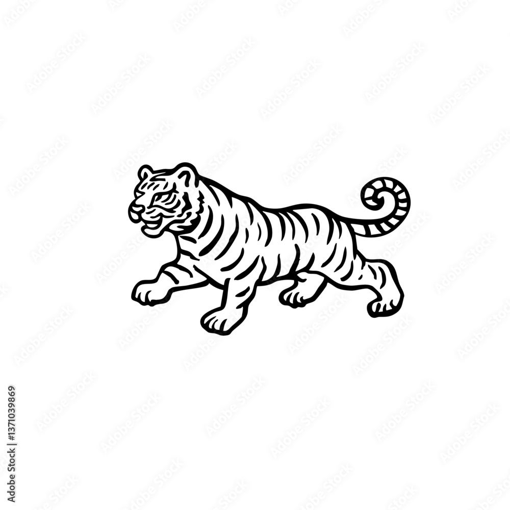 Naklejka premium Walking Tiger Silhouette – Vintage Wild Animal Line Art for Logo, Tattoo, and Design Projects