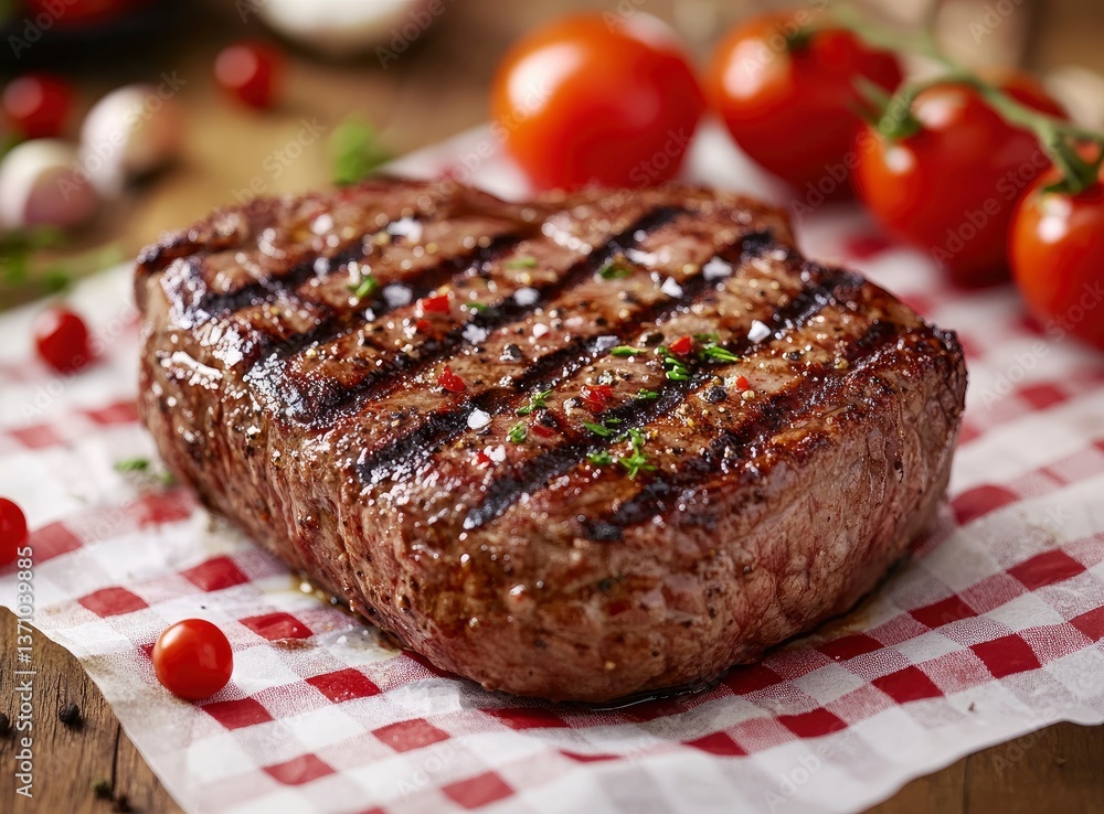 Grilled Beef Steak on Checked Paper with Tomatoes and Garlic Nearby Grilled Beef Steak on Checked Paper with Tomatoes and Garlic Nearby