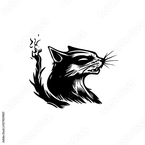Aggressive Black Cat Head Tattoo Style – Angry Cat Vector Illustration with Fiery Tail for Logos and Art Designs