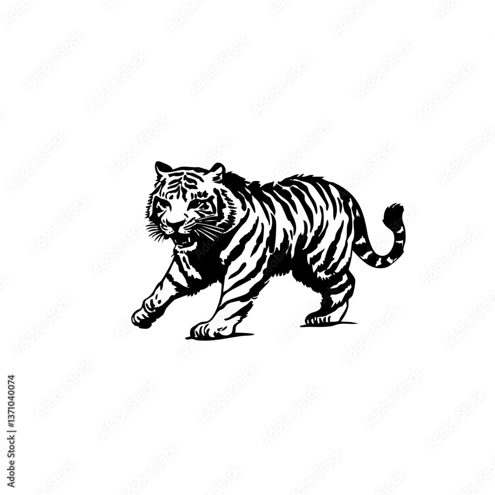 Fototapeta premium Walking Tiger Silhouette – Vintage Wild Animal Line Art for Logo, Tattoo, and Design Projects