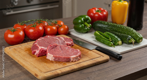 Kitchen counter with separate cutting boards for raw meat and vegetables, ensuring food safety and preventing cross-contamination, captured from a slightly high angle with warm natural lighting