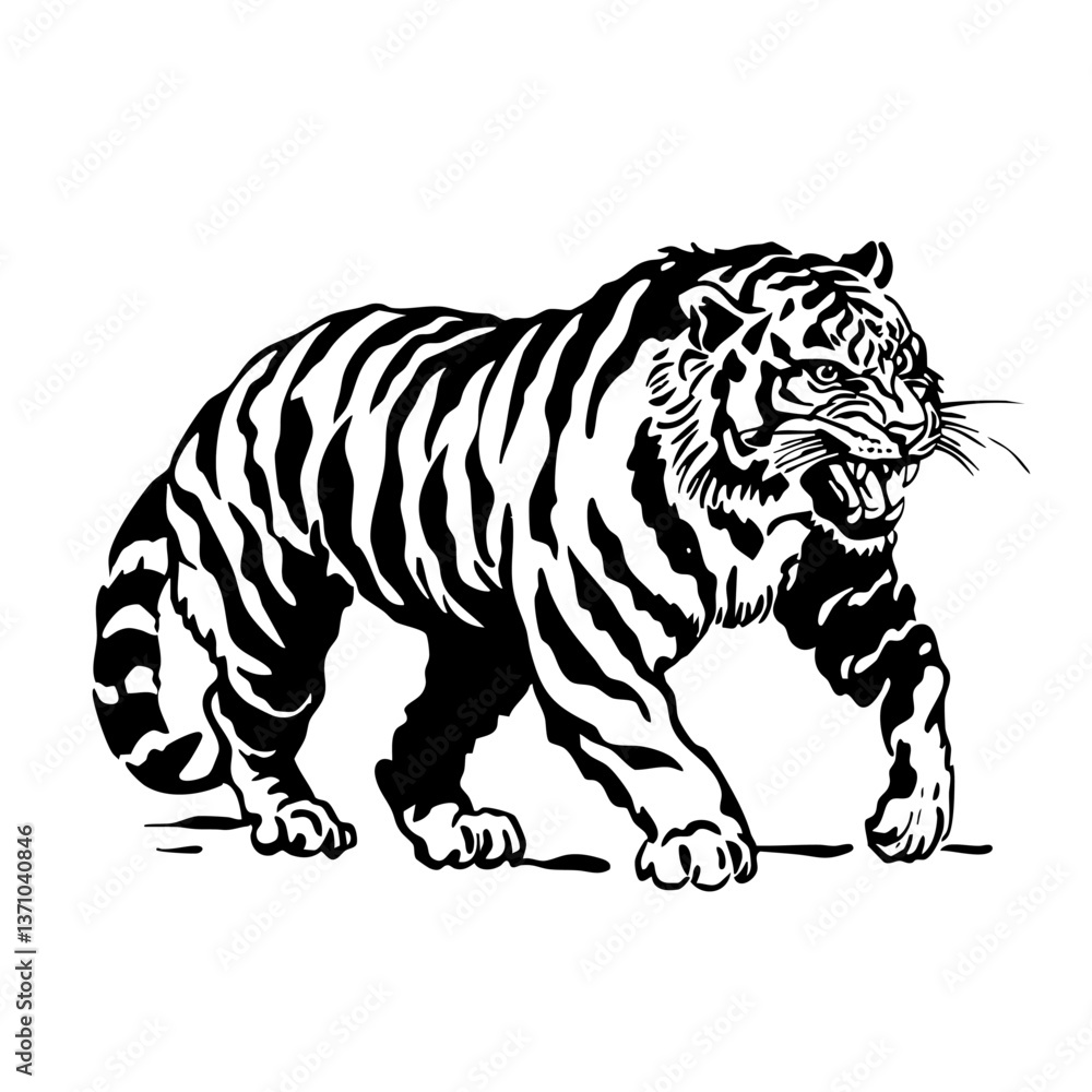 Fototapeta premium Walking Tiger Silhouette – Vintage Wild Animal Line Art for Logo, Tattoo, and Design Projects