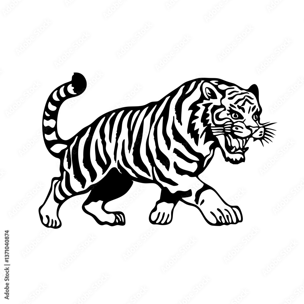 Naklejka premium Walking Tiger Silhouette – Vintage Wild Animal Line Art for Logo, Tattoo, and Design Projects