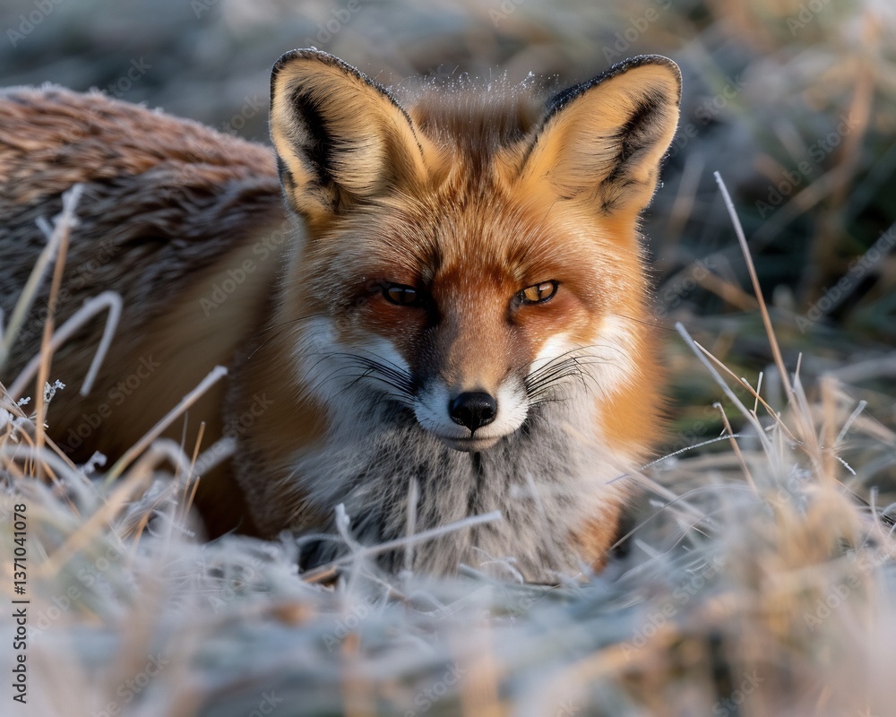 Fototapeta premium High resolution nature photography of red fox creeping through frost covered grass at dawn ears perked and eyes locked on a small rodent golden hour lighting crisp fur details