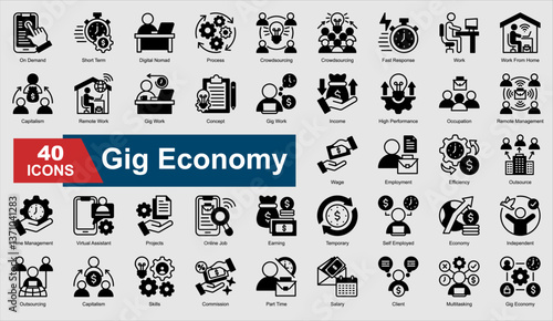 A set of Black gig economy icons. Includes remote work, outsourcing, efficiency, time management, and more. Perfect for illustration and design.