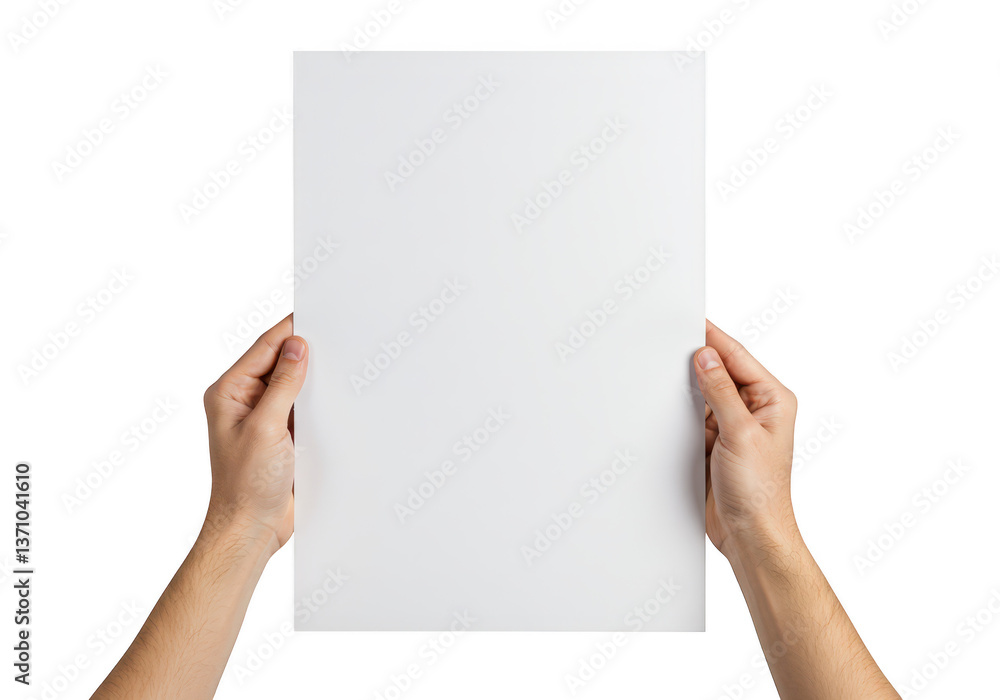 Two hands holding a blank vertical white sheet isolated on transparent background Two hands holding a blank vertical white sheet isolated on transparent background