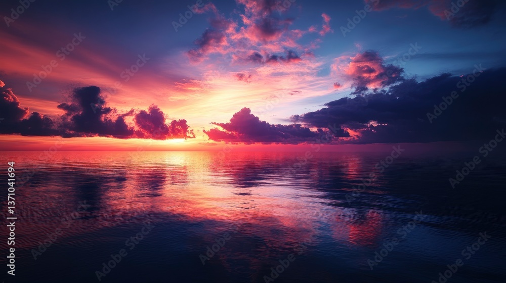 Dramatic Ocean Sunset with Colorful Clouds Reflecting on Calm Water Surface Dramatic Ocean Sunset with Colorful Clouds Reflecting on Calm Water Surface