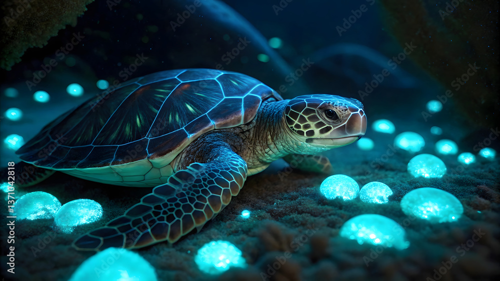 Fototapeta premium lifelike sea turtle glides gracefully over glowing bioluminescent orbs on ocean floor, creating serene and magical underwater scene
