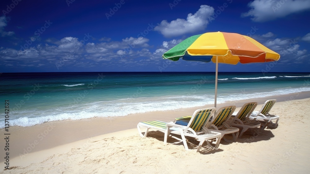 A colorful beach umbrella and lounge chairs on a tropical beach with gentle ocean waves. A colorful beach umbrella and lounge chairs on a tropical beach with gentle ocean waves.