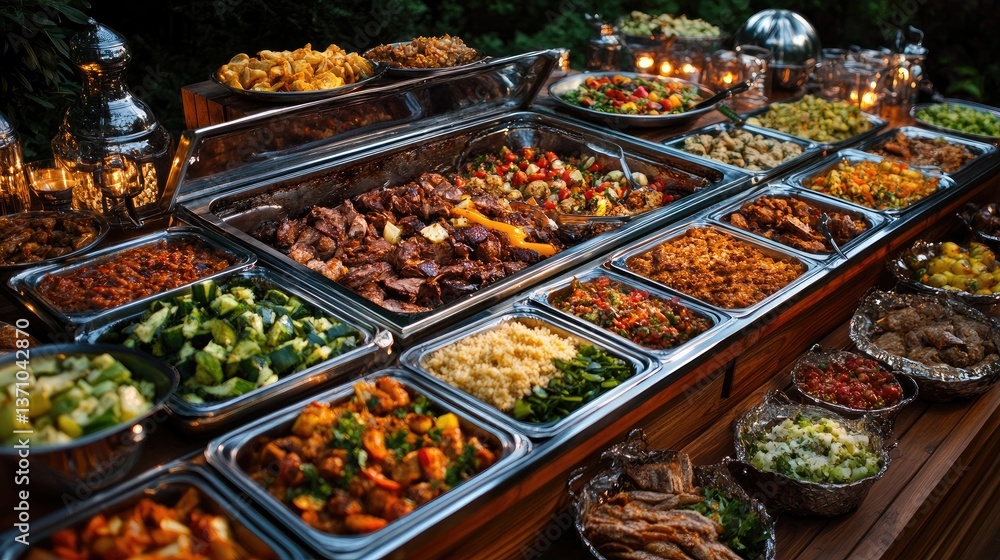 Obraz premium Buffet table filled with a variety of diverse and colorful hot and cold foods outdoor party setting