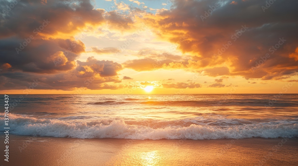 Golden Sunset Over Calm Ocean Waves with Dramatic Cloud Formation. Golden Sunset Over Calm Ocean Waves with Dramatic Cloud Formation.