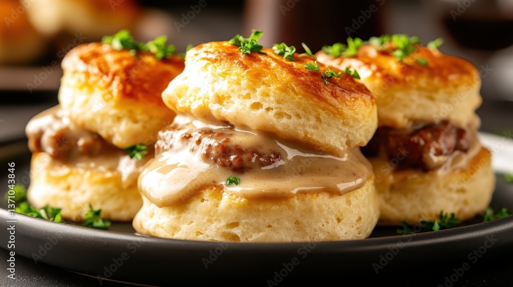 This scrumptious display of delicious homemade biscuits drenched in savory gravy symbolizes the essence of comfort food, bringing warmth and joy to every dining table setting. This scrumptious display of delicious homemade biscuits drenched in savory gravy symbolizes the essence of comfort food, bringing warmth and joy to every dining table setting.