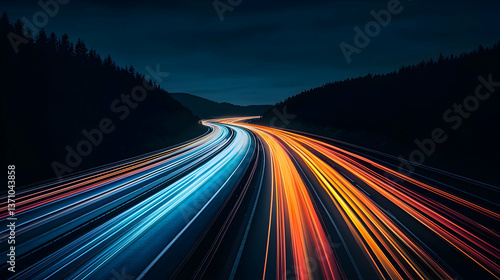 Night Highway With Colorful Light Trails