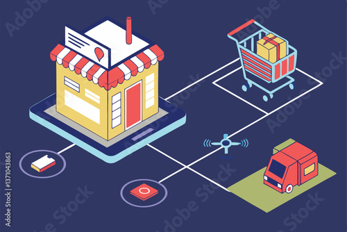 84 Isometric e-commerce ecosystem, digital shopping network, interconnected online retail elements, 3D icons, futuristic business diagram, mobile shopping apps, delivery drones, warehouse logistics, p