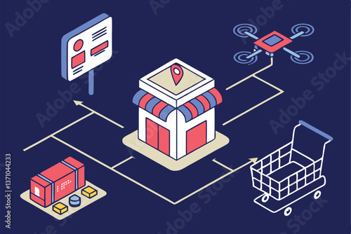 84 Isometric e-commerce ecosystem, digital shopping network, interconnected online retail elements, 3D icons, futuristic business diagram, mobile shopping apps, delivery drones, warehouse logistics, p