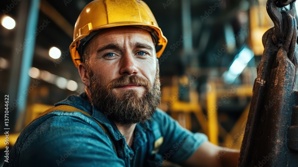 A cheerful young man with a helmet and a beard poses in a factory setting, radiating positivity and showcasing a friendly work environment that promotes teamwork and collaboration. A cheerful young man with a helmet and a beard poses in a factory setting, radiating positivity and showcasing a friendly work environment that promotes teamwork and collaboration.