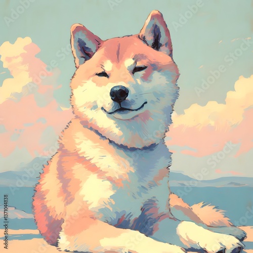 미니멀리즘 파스텔 색상의 시바견 일러스트, jpeg (Minimalist pastel color shiba inu illustration, jpeg)