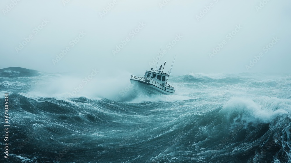 Obraz premium Boat navigates rough seas during a storm.