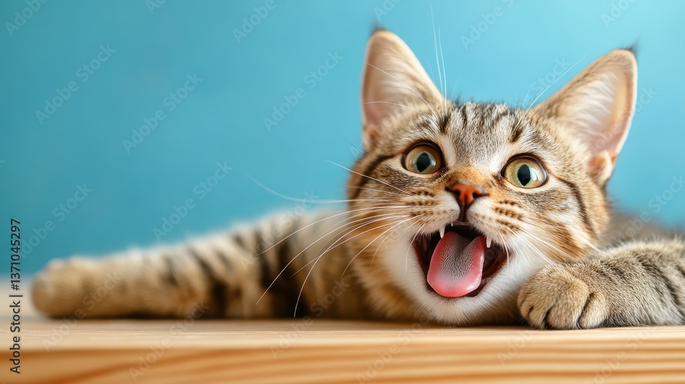 A playful cat stretches out with its tongue out, showcasing its playful side, against a beautifully lit background, emphasizing happiness and comfort in its environment. A playful cat stretches out with its tongue out, showcasing its playful side, against a beautifully lit background, emphasizing happiness and comfort in its environment.