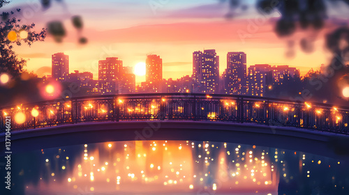 Love lock bridge at sunset with blurred cityscape for urban romance and travel design. Wistful Horizon. Illustration
