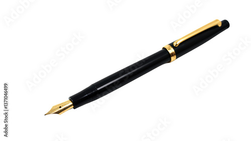 Elegant Black Fountain Pen with Gold Accents Detailed Studio Shot on Transparent Background