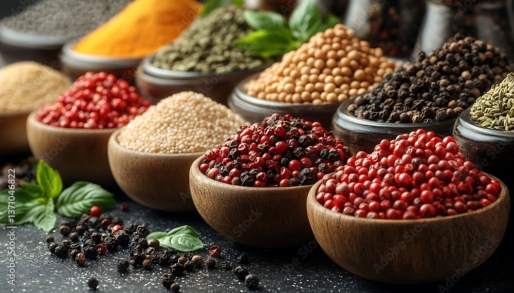 Variety of spices and grains displayed in wooden bowls on dark surface Variety of spices and grains displayed in wooden bowls on dark surface