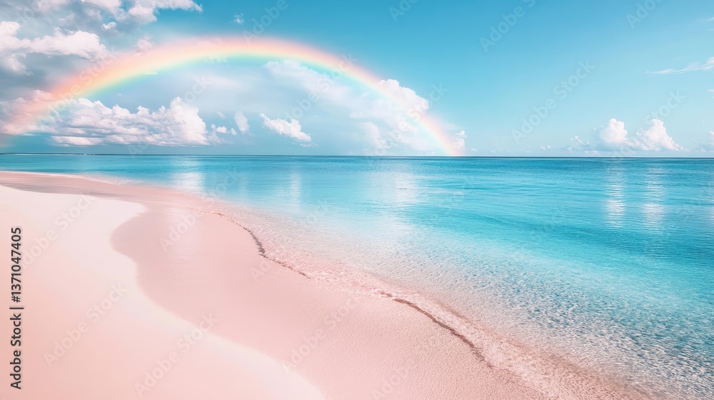 A vibrant rainbow reflecting over a clear blue sea, meeting a powdery white sand beach.