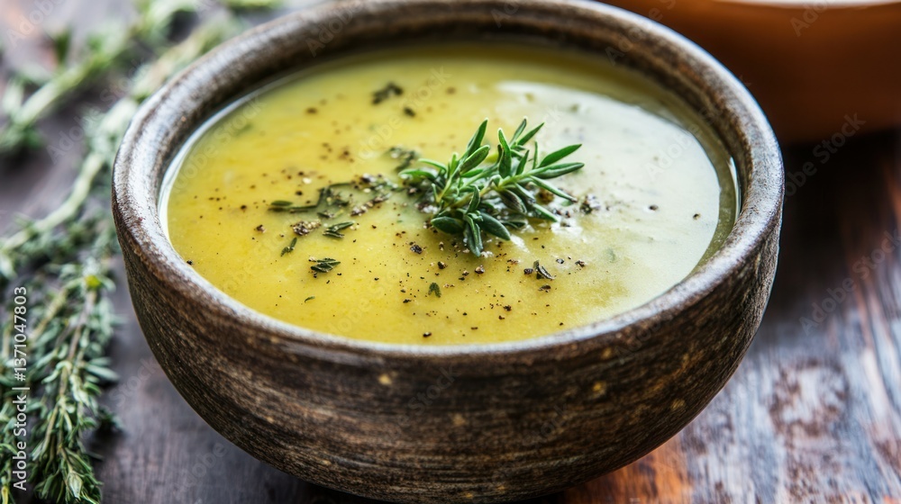 Creamy soup in a rustic bowl, garnished with fresh thyme on a wooden table. Creamy soup in a rustic bowl, garnished with fresh thyme on a wooden table.