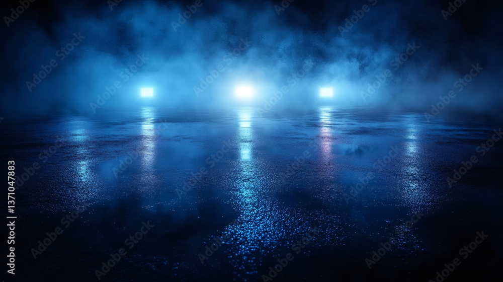 Dark street, wet asphalt, reflections of rays in the water. Abstract dark blue background, smoke, smog. Empty dark scene, neon light, spotlights. Concrete floor Dark street, wet asphalt, reflections of rays in the water. Abstract dark blue background, smoke, smog. Empty dark scene, neon light, spotlights. Concrete floor