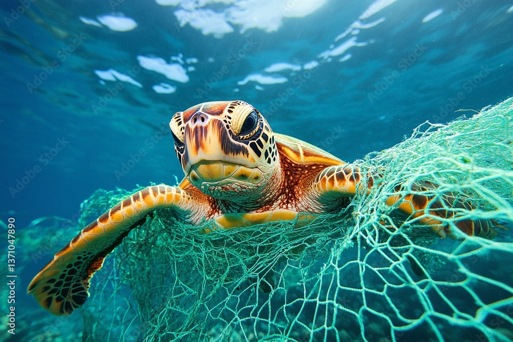 Obraz premium A sea turtle is tragically entangled in a fishing net, highlighting the devastating impact of plastic pollution on marine wildlife.