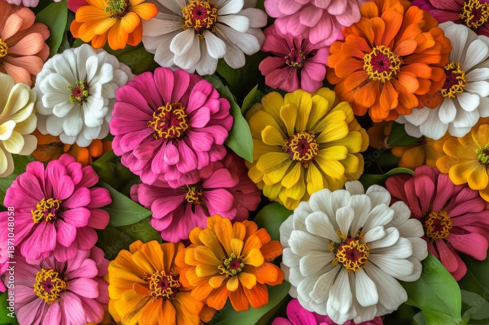 A large bouquet of colorful zinnias with vibrant petals, creating a mesmerizing floral display and a beautiful pattern. A large bouquet of colorful zinnias with vibrant petals, creating a mesmerizing floral display and a beautiful pattern.