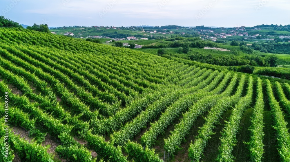 Lush vineyard rows on hillside. Terraced landscape with green vines Lush vineyard rows on hillside. Terraced landscape with green vines