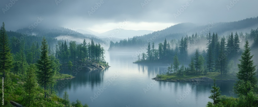 Fototapeta premium Misty lake surrounded by green forests and mountains under a cloudy sky. Serene and peaceful
