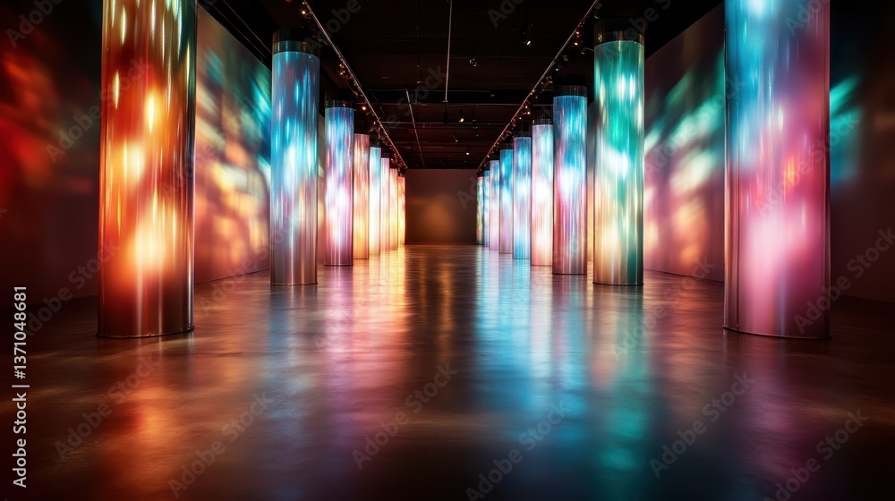 An indoor art installation featuring illuminated vertical columns that cast colorful reflections on the floor, creating a captivating visual experience for visitors. An indoor art installation featuring illuminated vertical columns that cast colorful reflections on the floor, creating a captivating visual experience for visitors.