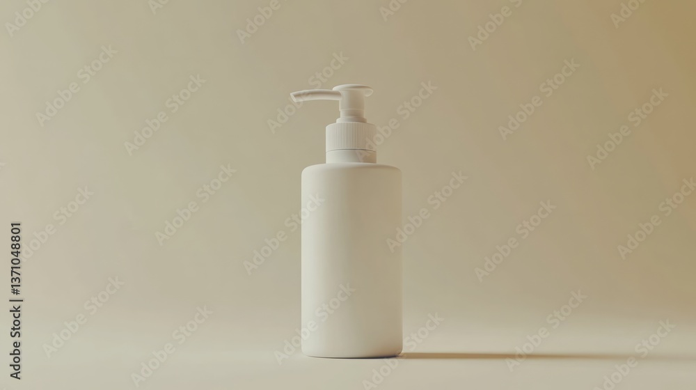 Simple dispenser bottle for lotion stands against a beige backdrop Simple dispenser bottle for lotion stands against a beige backdrop
