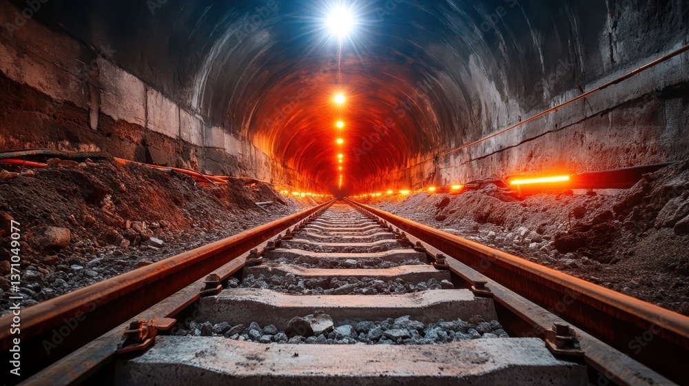 Naklejka premium An atmospheric shot of a long railway tunnel featuring illuminated tracks, stone walls, and an assortment of cool light reflections that create an immersive scene.
