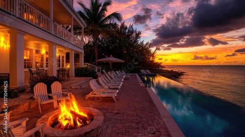 Elegant beachfront resort with a sunset-lit infinity pool and fire pit lounge area.