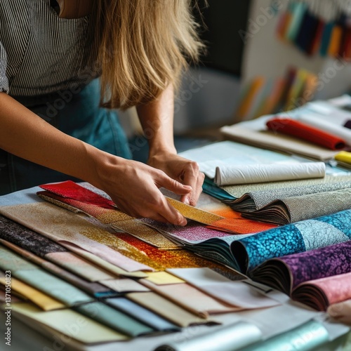 A woman sits at a worktable in a fabric shop, focused on her task of sewing various materials