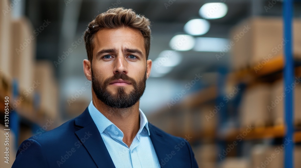 Confident professional man in a warehouse setting, showcasing attention to detail and product accuracy for business success and growth. Confident professional man in a warehouse setting, showcasing attention to detail and product accuracy for business success and growth.