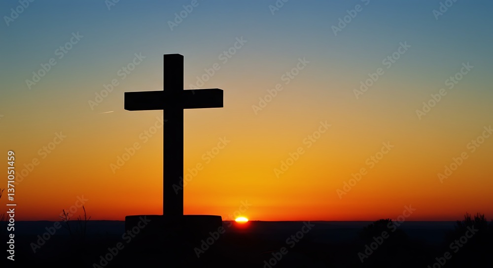 Cross Silhouette at Sunset with Colorful Sky Creates Dramatic Image Cross Silhouette at Sunset with Colorful Sky Creates Dramatic Image