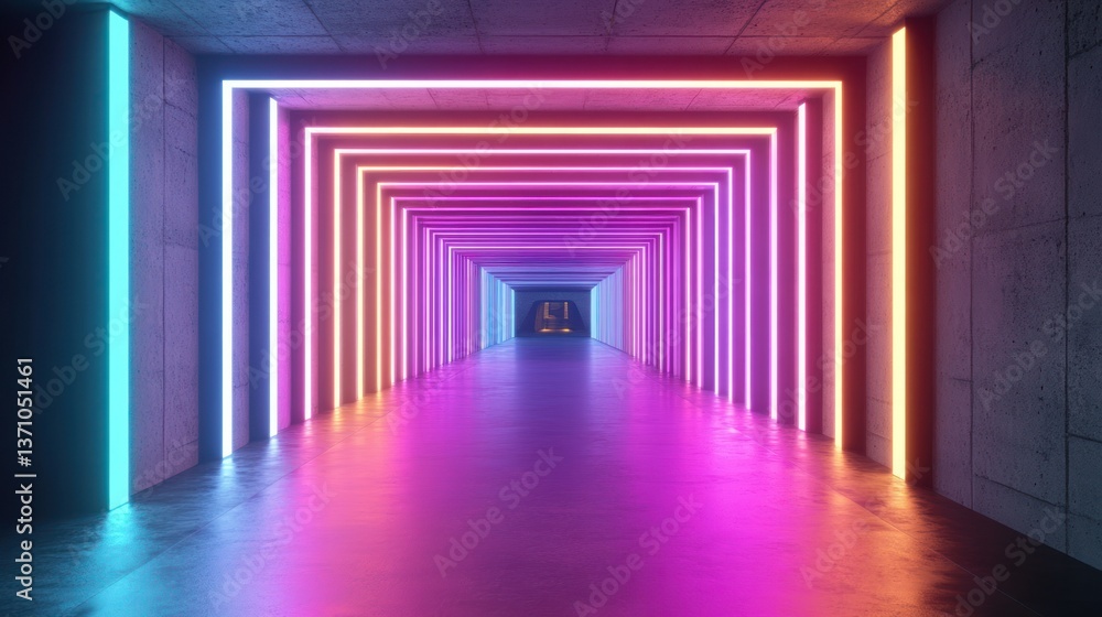 Abstract tunnel of colorful neon lights and concrete walls with long perspective. Abstract tunnel of colorful neon lights and concrete walls with long perspective.
