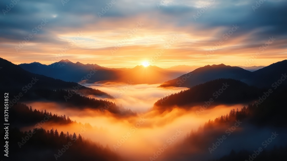 A breathtaking sunrise illuminating the mountainous landscape, casting a vibrant glow over a sea of fog, creating a magical interplay of colors in the sky and terrain. A breathtaking sunrise illuminating the mountainous landscape, casting a vibrant glow over a sea of fog, creating a magical interplay of colors in the sky and terrain.